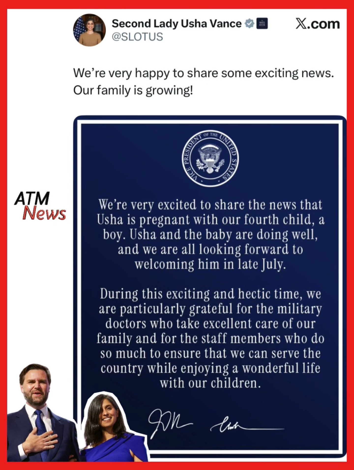 #JDVance and his wife #UshaVance are expecting their 4th #child, a baby boy!