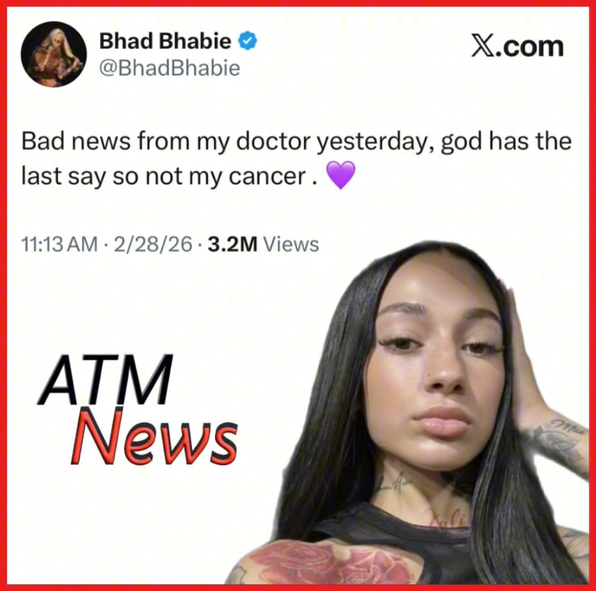 Let's all keep #BhadBhabie in our #prayers. She took to X on Saturday to announce that she has received "bad news" from her doctor regarding her #cancer.
—
Since her diagnosis, she has not let the cancer stop her from living to the fullest, which is quite impressive. May God give her strength and grace through these difficult times 🙏