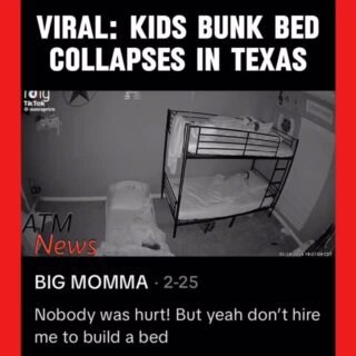 Ooops! A #Texas mom named Aurora Price shared a surveillance video showing the upper level of her #daughters’ #BunkBed collapse on February 24, leaving the kid on the lower level stranded.—The video has since gone #viral, and Price made another post to address some of the comments she has received.—The company that made the bed also reached out to her, offering a replacement or a full #refund.