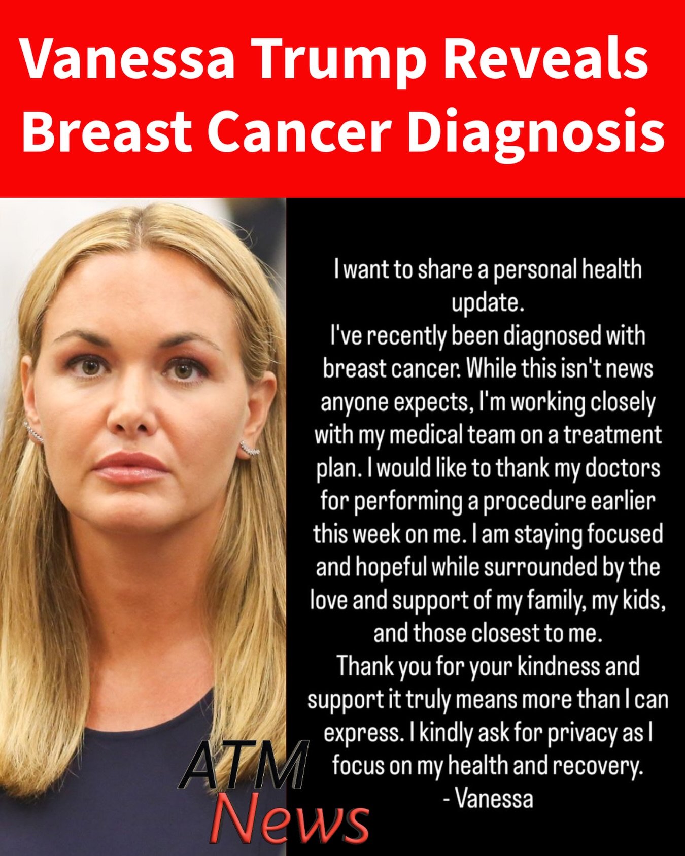 President Trump’s former daughter-in-law, #VanessaTrump, who is currently dating #TigerWoods, revealed she has been diagnosed with #BreastCancer.