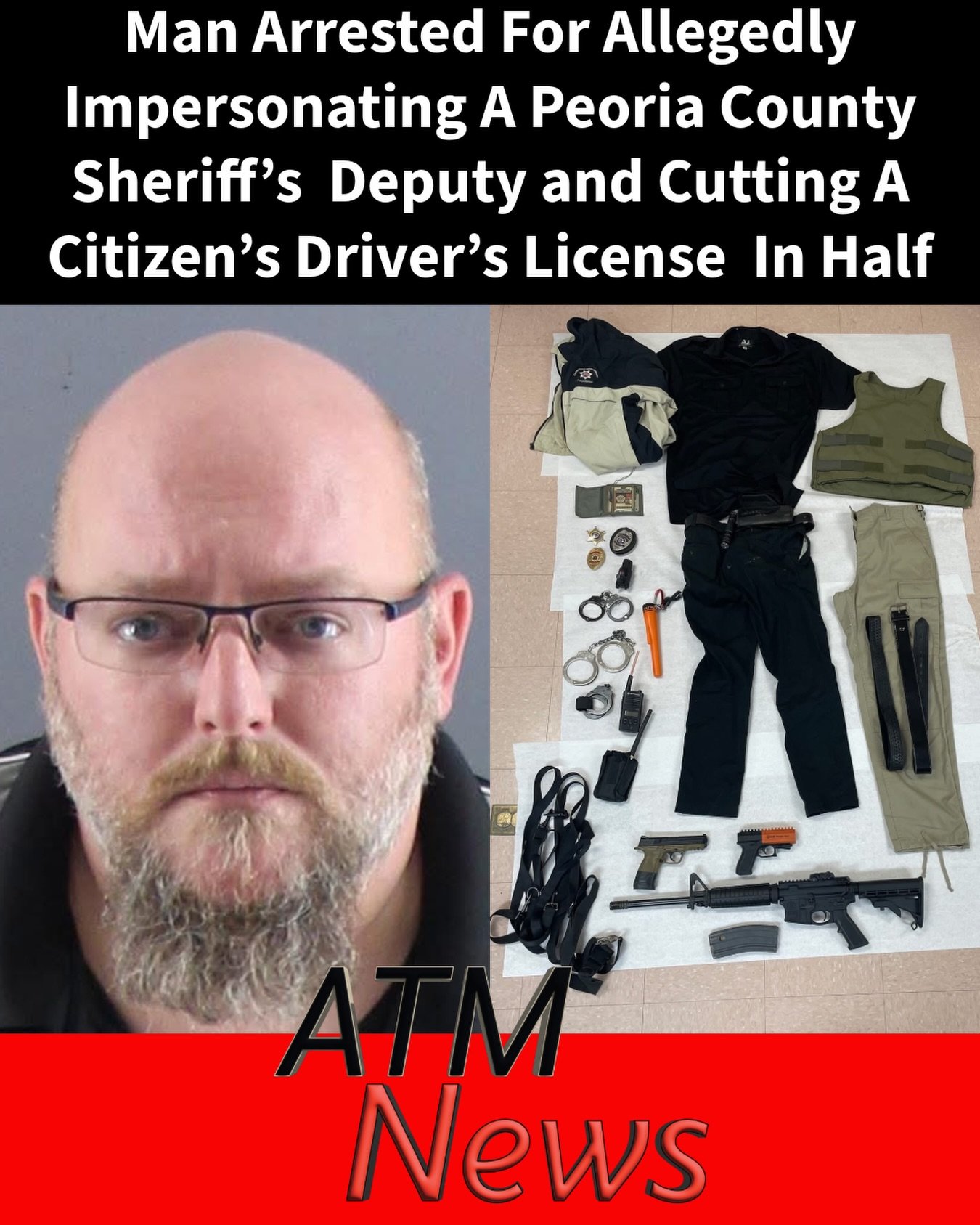 Oops! Dennis Walker, also known as Josh Coats, was arrested in Peoria County, #Illinois, after he allegedly falsely represented himself as a #deputy.—On May 27, Walker allegedly stopped an individual and claimed that his driver’s license was suspended, although the victim insisted that it was not. He then allegedly cut the victim’s driver’s license in half and fled the scene after the victim told him he intended to file a report with the Sheriff’s Office.—Investigators identified Walker and learned that he had an active Peoria County warrant for Aggravated Domestic Battery and had gone to #prison in Texas for impersonating a police officer.—During a search at Walker’s home, #detectives reportedly recovered an AR-15 rifle with a defaced serial number, several metal badges, a vest resembling law enforcement body armor, pants with law enforcement-style equipment attachments, handcuffs, leg shackles, a realistic pellet handgun, and a pepper spray launcher.—Walker was taken into custody, and he faces multiple charges, including Felon in Possession of a Firearm, Possession of a Defaced Firearm, No Valid FOID Card, and False Personation of a Police Officer.