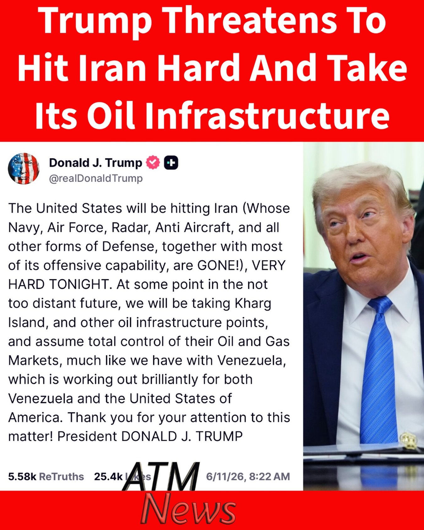 Trump is no longer taking the diplomatic route with Iran, at least not right now. He announced on Truth Social this morning that the United States will continue striking Iran tonight and will take its oil infrastructure in the near future.—#War #USA #Iran