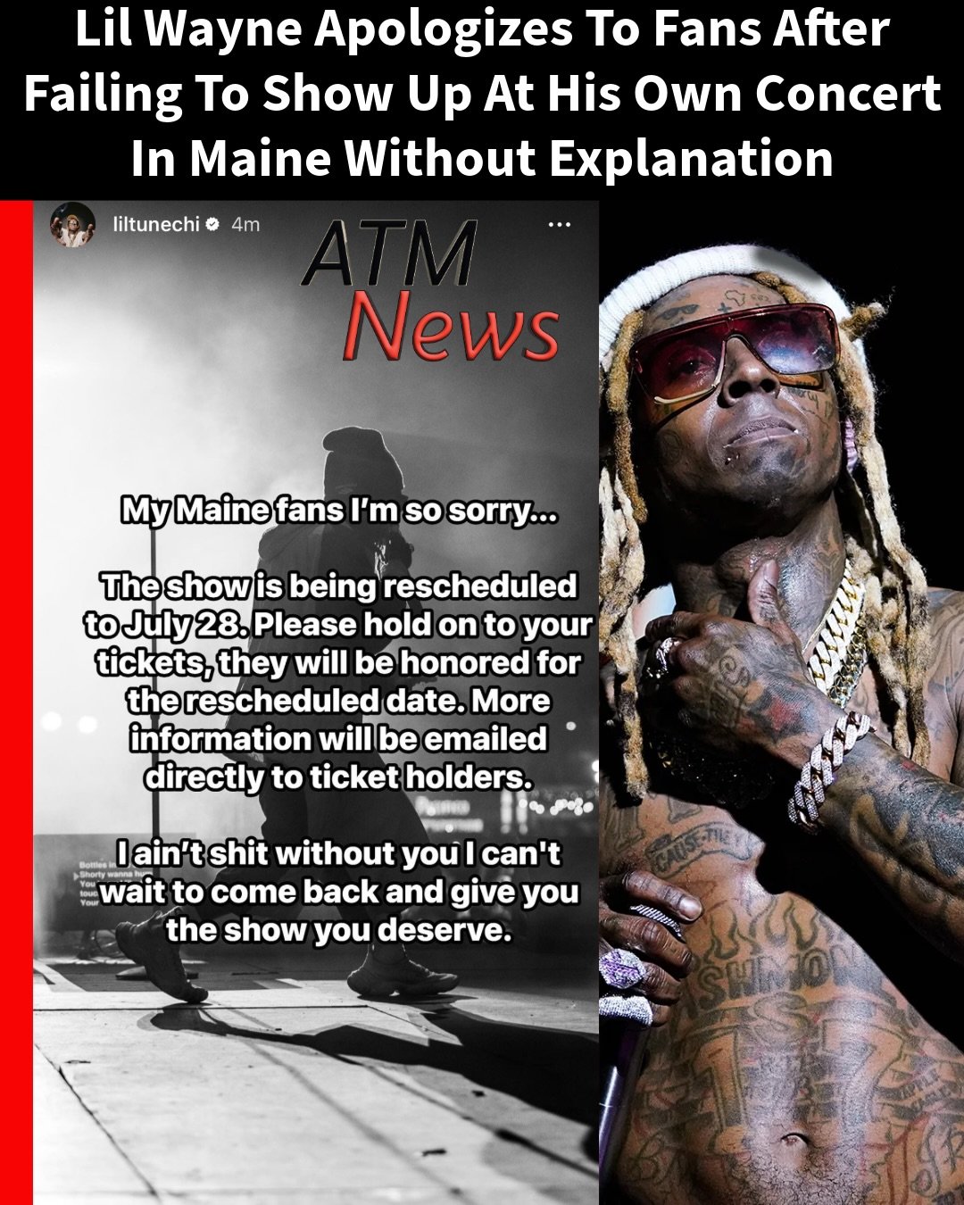 #LilWayne took to his Instagram Stories to apologize to his #fans who waited for him to perform at the very first show of his "20 Years Of Carter Classics" tour last night in #Maine, only for them to be told around 11 p.m. that he was not going to show up.—Wayne now says that the show is being rescheduled for July 28.