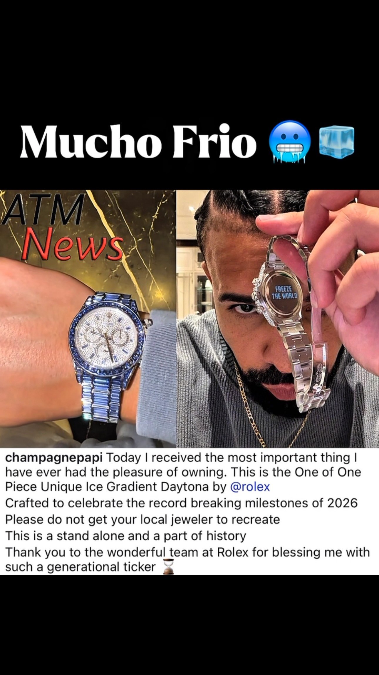 Okay!!! #ChampagnePapi just froze the timeline with his unique Ice Gradient Daytona #Rolex Watch, which he tells fans not to recreate.—The icy, pricey, and historic jewel was crafted to celebrate his record-breaking milestones of 2026.