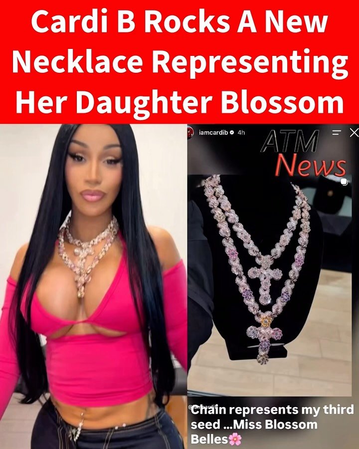 Okay! #CardiB with a special bling bling, a new #necklace representing her #daughter Blossom.