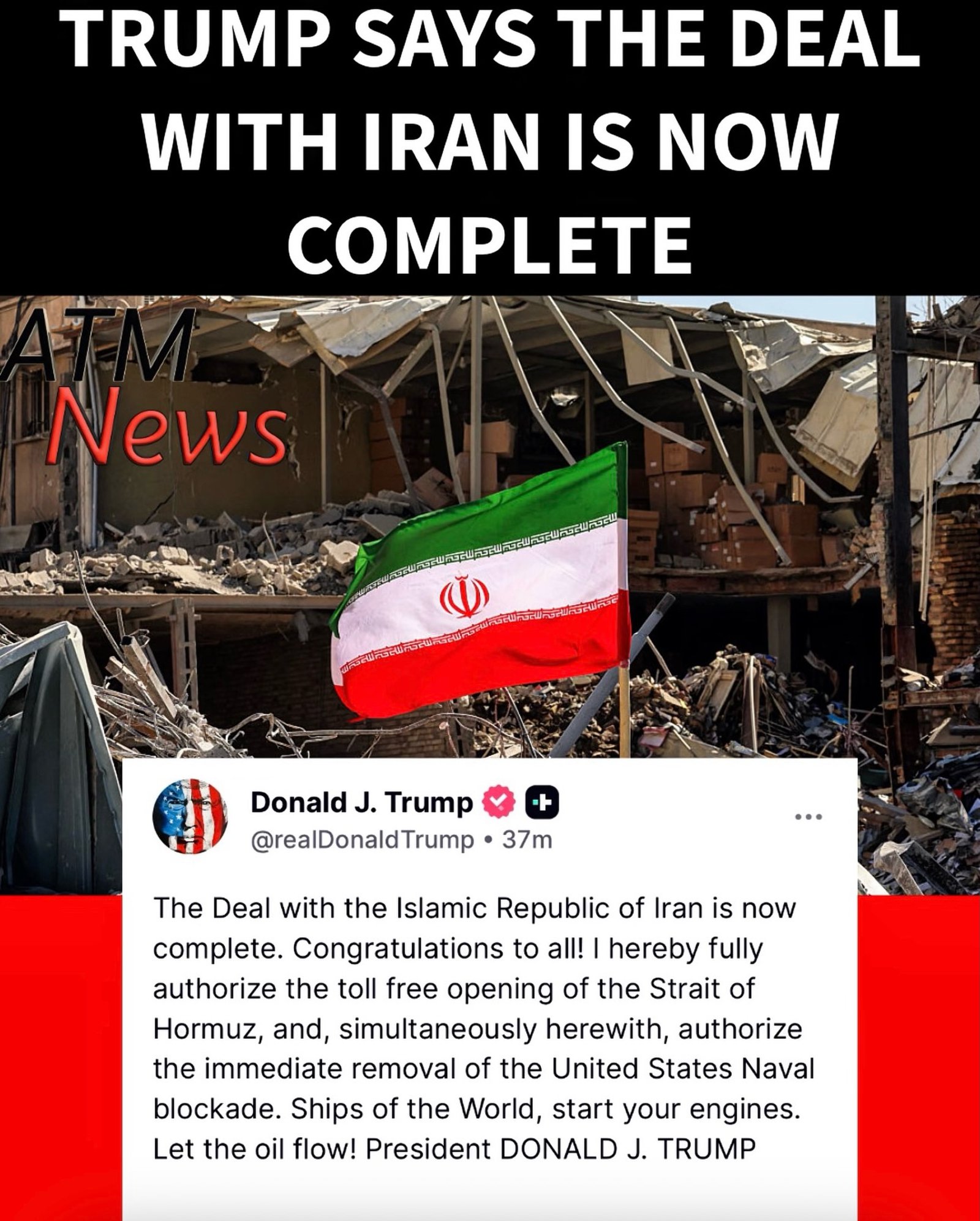 Trump shared on Truth Social moments ago that he has reached an agreement with #Iran and authorized the reopening of the #StraitOfHormuz.