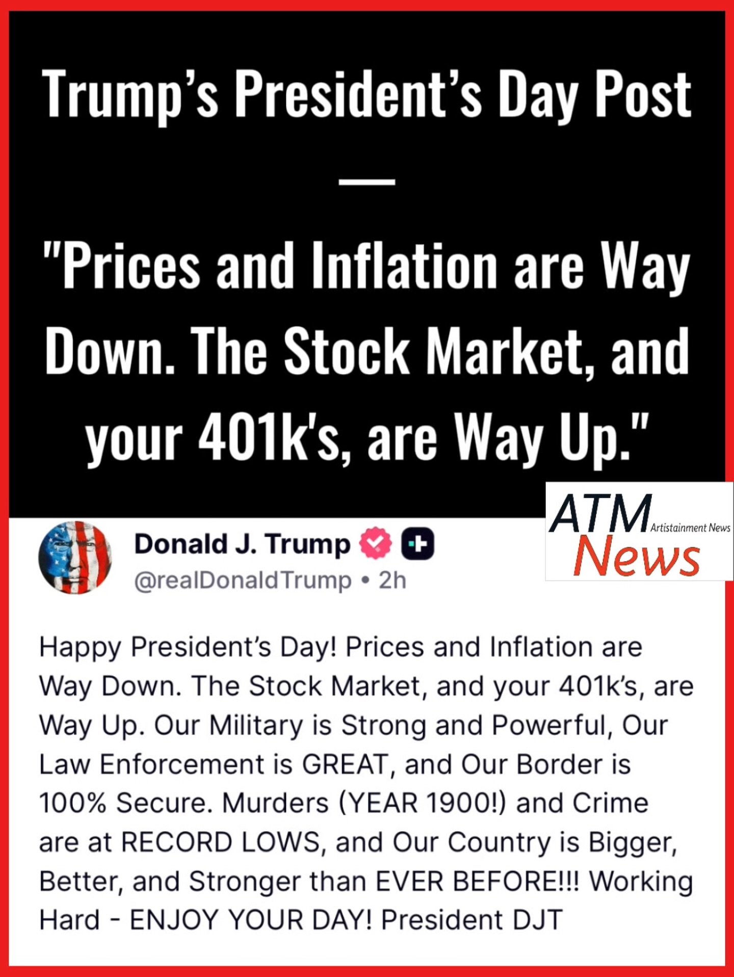 #Trump says the country is "Bigger, Better, and Stronger than EVER" as he wishes all Americans a happy #PresidentsDay.