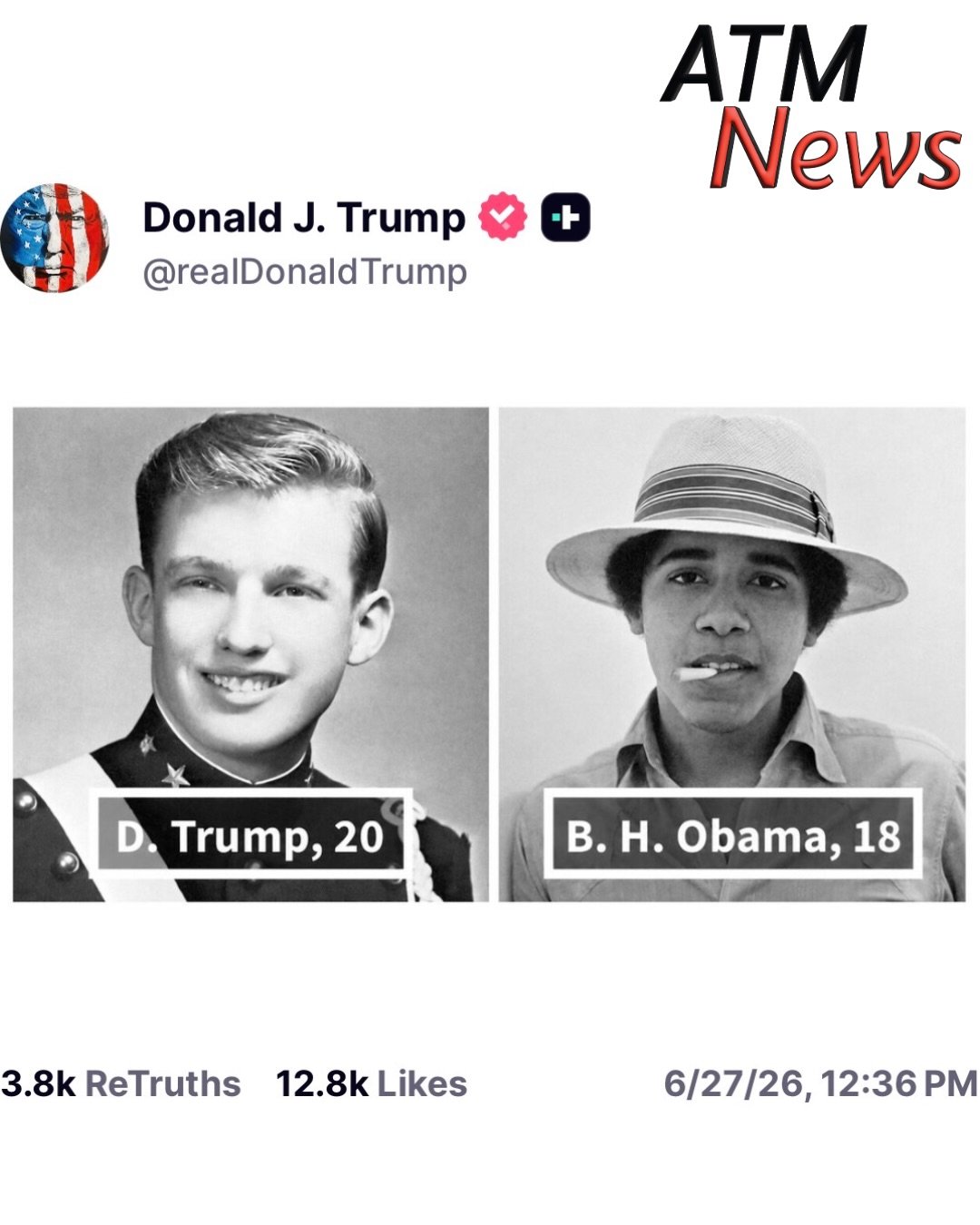 #Trump came through with new posts, including side-by-side photos of him and #Obama when they were young, and another showing him carrying the world on his shoulders.