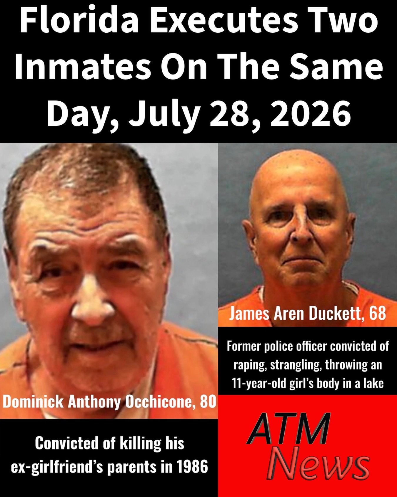 Yesterday, July 28, 2026, the state of #Florida carried out its first double execution in more than 60 years.—James Aren Duckett, 68, was the first inmate to be put to death. He was a former Mascotte police officer convicted of kidnapping, raping, and strangling an 11-year-old girl, #TeresaMaeMcAbee, in 1987, before throwing her body in a lake. Duckett was the only on-duty patrol #officer when McAbee went missing after walking to a convenience store. Duckett maintained his innocence and was granted a stay of his initial March 2026 execution date for additional #DNA testing to be conducted. The testing results returned inconclusive, and the stay was lifted. He was pronounced dead at 1:19 p.m. after declining to make a final statement.—The second #inmate, 80-year-old Dominick Anthony Occhicone, was convicted of the 1986 double murder of his ex-girlfriend’s parents, Raymond and Martha Artzner. He apologized to both families in a final statement before being pronounced dead at 6:13 p.m.