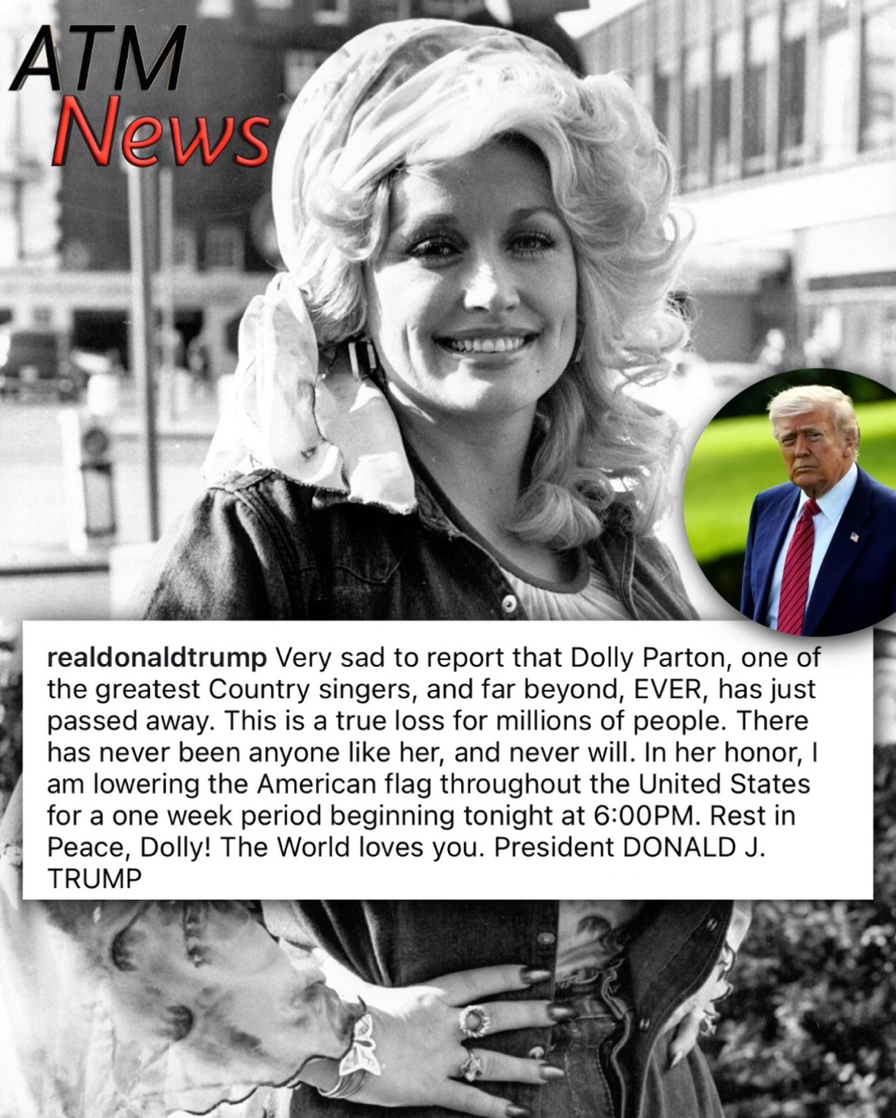 President #Trump orders flags lowered for one week in honor of #DollyParton, whom he called "one of the greatest Country singers and far beyond…"
