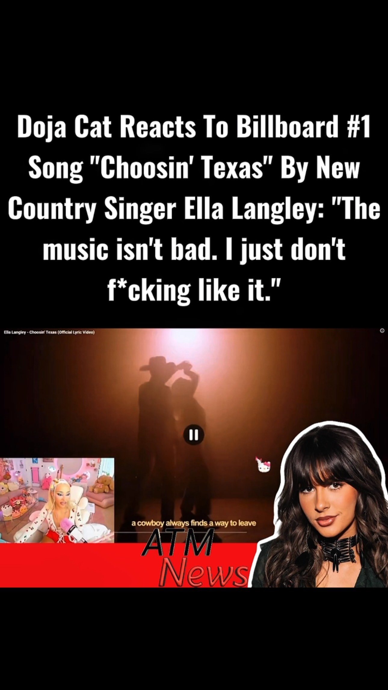 Oops! After fans told #DojaCat about new country music artist #EllaLangley, whose song "Choosin Texas" is currently number one on the Billboard Hot 100, she took the time to listen but didn't like it. Doja said, Country isn't her vibe, and she believes the song has climbed the charts because of #radio.