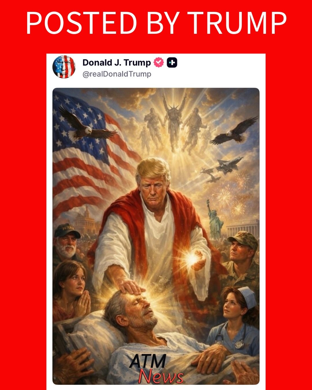 Trump is receiving criticism on Truth Social after an image posted on his account depicts him as #Jesus.
