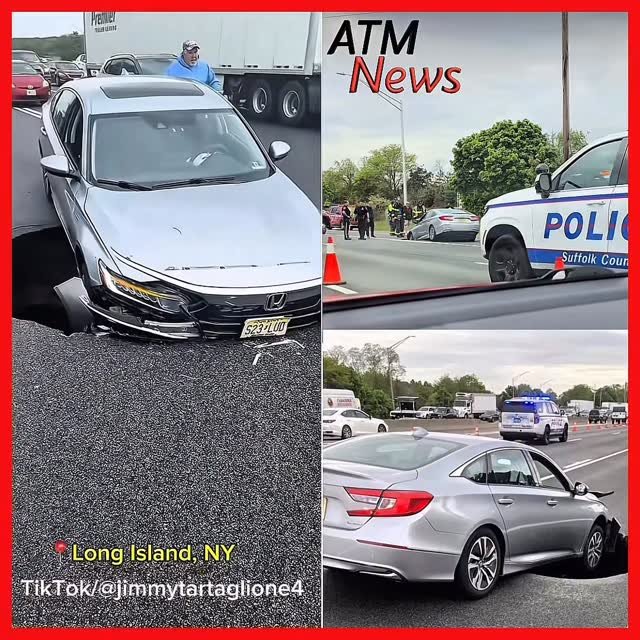 This is wild! Another sinkhole 😩. —Just after 1 p.m. on May 14, 2026, an 8-foot-deep and 10-foot-wide sinkhole suddenly opened up on the westbound lanes of the #LongIsland Expressway. A car was partly swallowed and trapped in the hole. Thankfully, the driver is okay.