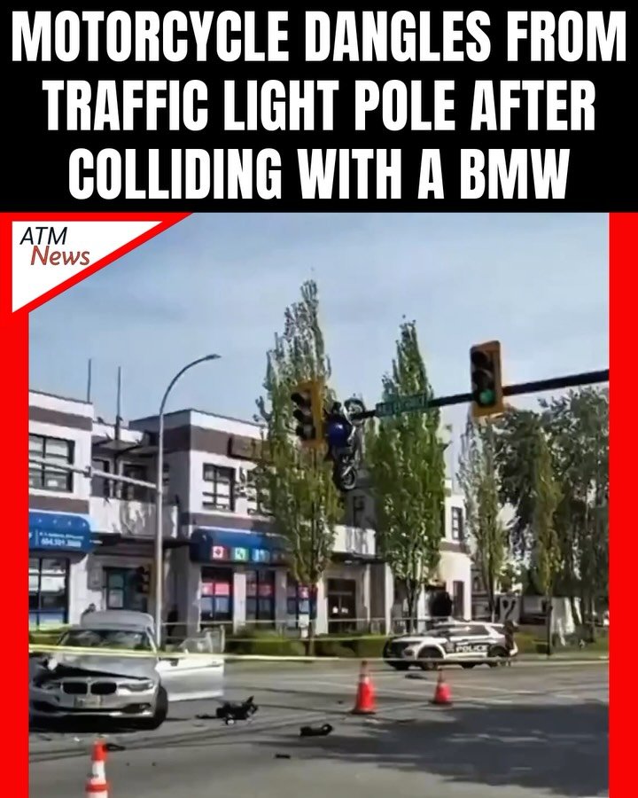 Oh oh! A viral video shows a #motorcycle hanging off a #TrafficLight pole after colliding with a #BMW Saturday afternoon in Delta, a suburb of #Vancouver, Canada. The motorcyclist was reportedly taken to the hospital with serious injuries.