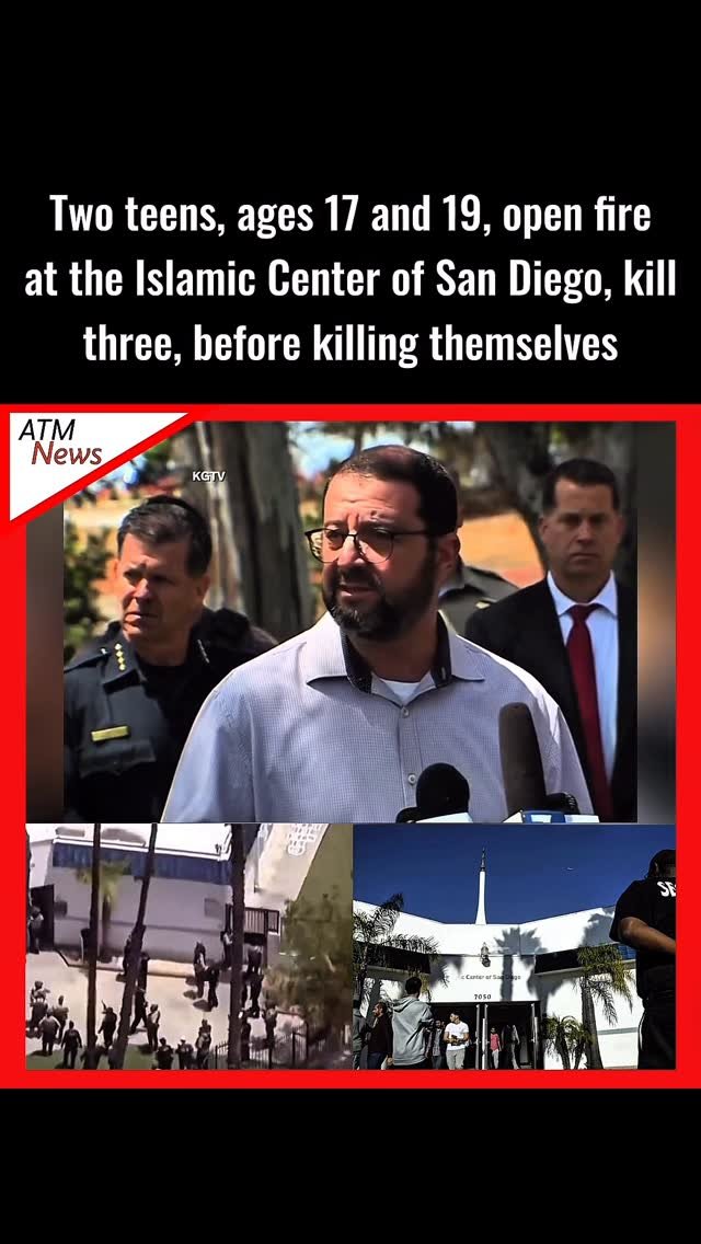 Earlier today, around 11:43 a.m. local time, two #teenage boys, 17 and 19, reportedly opened fire at the Islamic Center of San Diego, which is the largest #mosque in #SanDiego, located in the Clairemont neighborhood.—The suspects shot and killed three adults, including a security guard, in front of the center before continuing to shoot a few blocks away. They shot at a landscaper but fortunately missed. They were later found dead in a car with what appeared to be self-inflicted wounds, officials said.—Investigators said they are treating the incident as a hate crime.