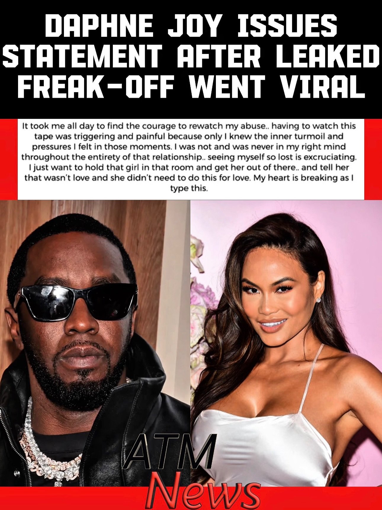 #DaphneJoy broke her silence as a leaked sex tape showing her having sex with an escort while #Diddy watched continues to be a big subject on social media. She said she never gave her consent to be filmed and that she was just trying to satisfy her #man at the time, thinking he loved her.—Swipe for full statement