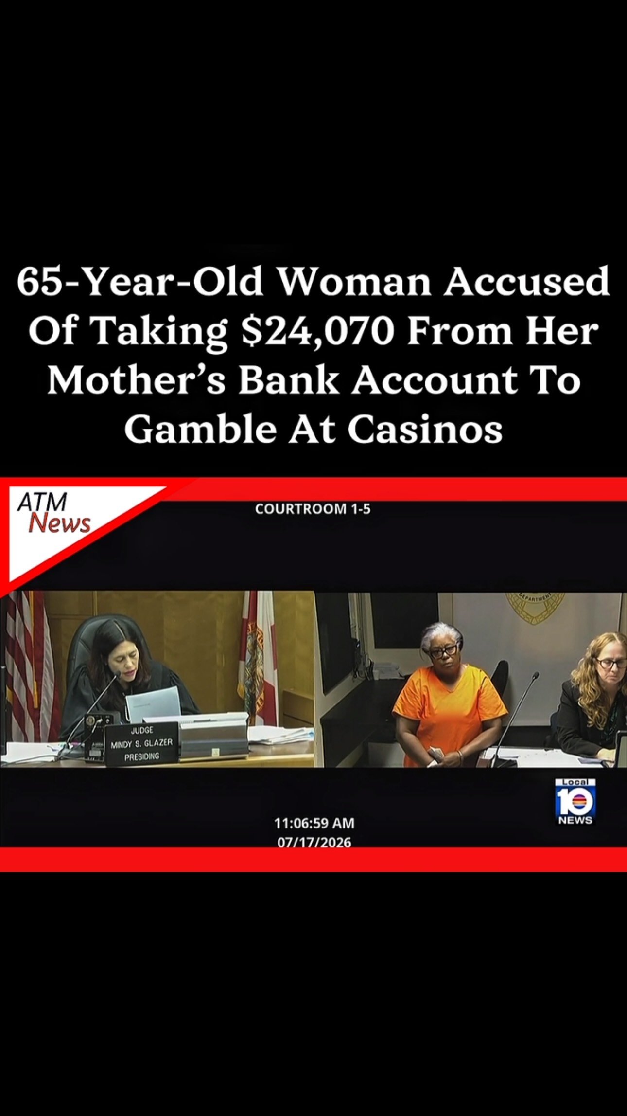 Charlotte Regina Butler, 65, of #Miami, Florida, was arrested on Thursday and appeared in court for a bond hearing on Friday. She was charged with second-degree exploitation of an elderly or disabled adult after prosecutors said that she withdrew $24,070 from her mother, who has Alzheimer’s, bank account to gamble at various Florida casinos. Bank statements allegedly showed that she sometimes withdrew cash from casino ATMs multiple times a day.—She and her daughter also allegedly moved into the victim’s house without paying rent or utilities.—Butler became her mother’s primary #caregiver in 2018 and was granted access to her mother's bank accounts to manage her financial needs. After the judge issued the bond and ordered Butler to stay away from the #victim, she replied that she hadn't seen her mother in 5 years despite being her primary caregiver.