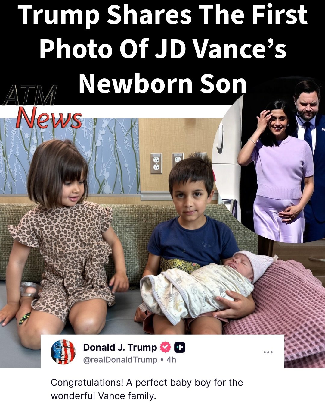 #JDVance and his wife, #UshaVance, announced the birth of their 4th child, a #baby boy named Alec Neel Vance, on Sunday.—This morning, the president congratulated them and shared a photo of the baby with two of his older siblings.