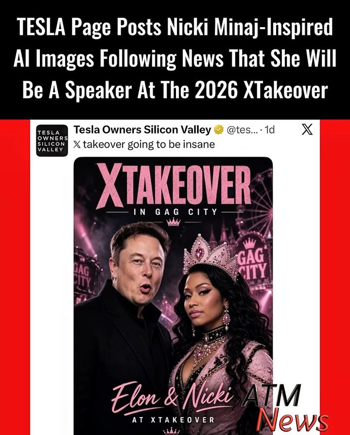 The official #TESLA owners page on X floods the timeline with #NickiMinaj and Elon-inspired images after Nicki was announced as a keynote speaker at the upcoming takeover.