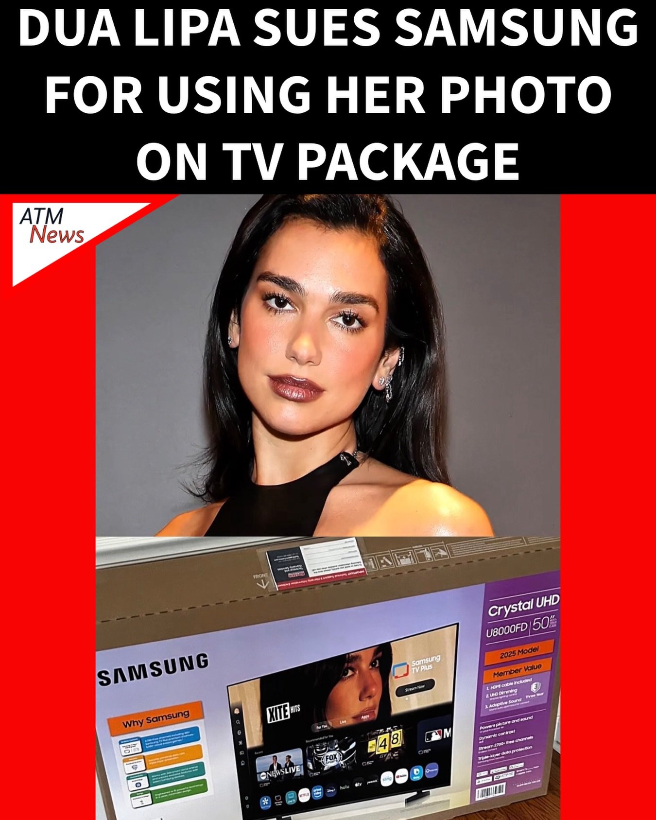 #DuaLipa filed a lawsuit against #SamsungElectronics on Friday for copyright infringement, trademark infringement, and misappropriation of likeness and image after Samsung allegedly used her image on the Samsung TV Plus, which some dubbed the "Dua Lipa TV Box," without her permission. —According to the complaint, after becoming aware of the issue, Lipa’s team asked Samsung to stop using her image, but the company was allegedly "dismissive and callous." The singer is seeking $15 million in damages.