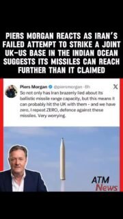 Like many others, #British journalist #PiersMorgan took to X to express his shock after #Iran launched two missiles in the direction of #DiegoGarcia, a joint UK-US military base located in the Indian Ocean, at approximately 2,500 miles from Tehran.—According to reports, one of the missiles failed on its own, and a U.S. warship struck the other. —This attempt at hitting Diego Garcia suggests that Iran has not been truthful about the distance its #missiles can reach. In an interview with NBC News’ “Meet the Press” in early March, Iran’s Foreign Minister Abbas Araghchi claimed that his country had intentionally kept the range of its missiles below 1,250 miles “because we don’t want to be felt as a threat by anybody else in the world.” (via NBC News)