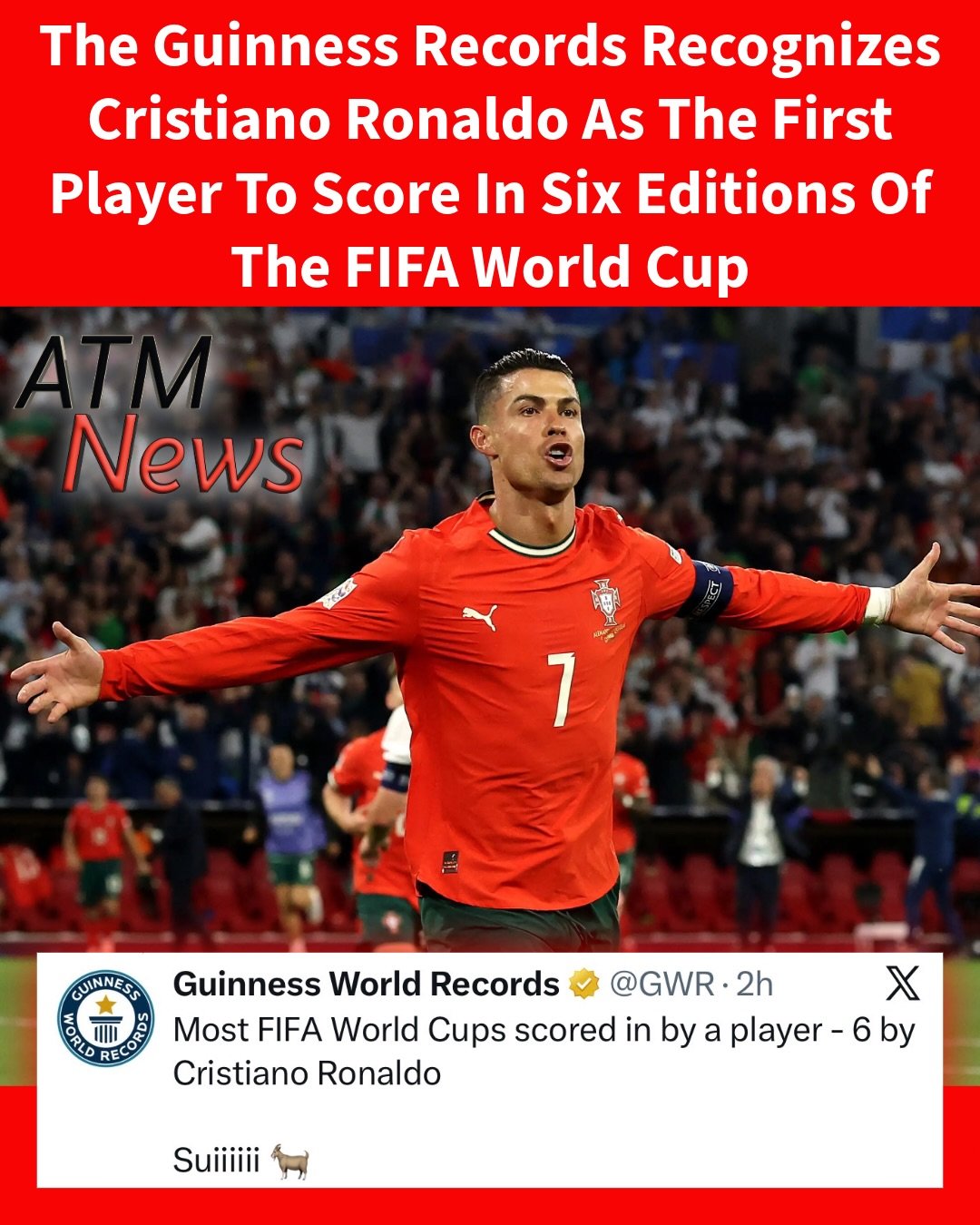 #CristianoRonaldo, 41, is officially the first player to score in 6 editions of the #WorldCup after scoring twice in #Portugal’s match against #Uzbekistan.