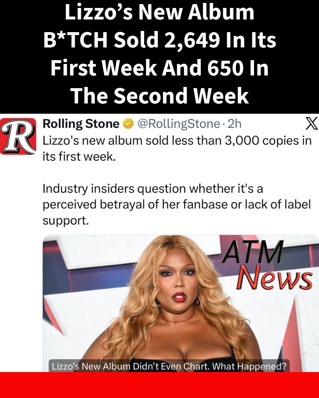 Oh oh! Looks like things didn't work out for #Lizzo this time around. According to @rollingstone, her new #album B*TCH sold only 2,649 in its first week and  650 in the second week.—What went wrong here? ☹️
