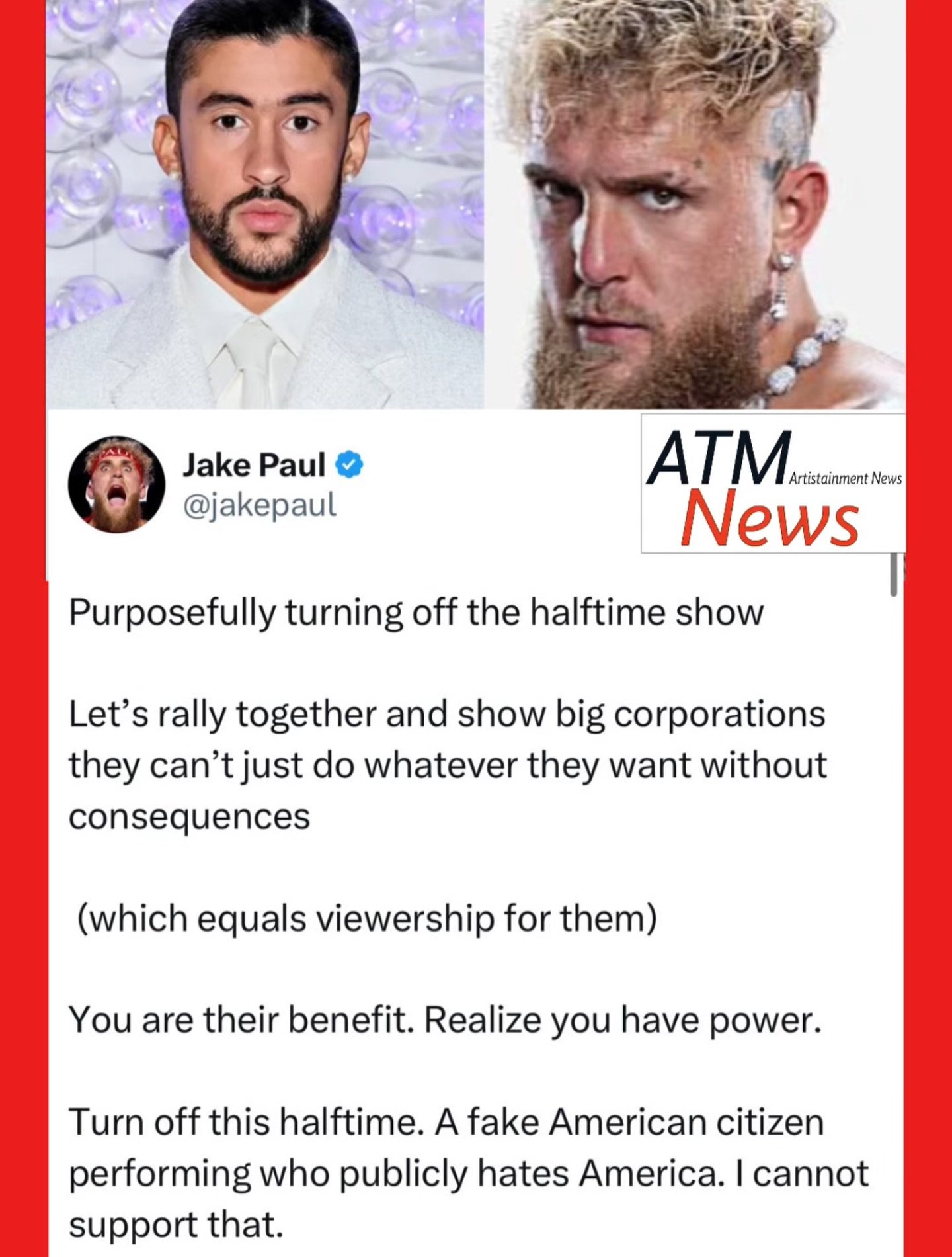 #JakePaul urged his followers not to watch #BadBunny perform during the #SuperBowlHalftimeShow, as he called him a "fake American citizen."