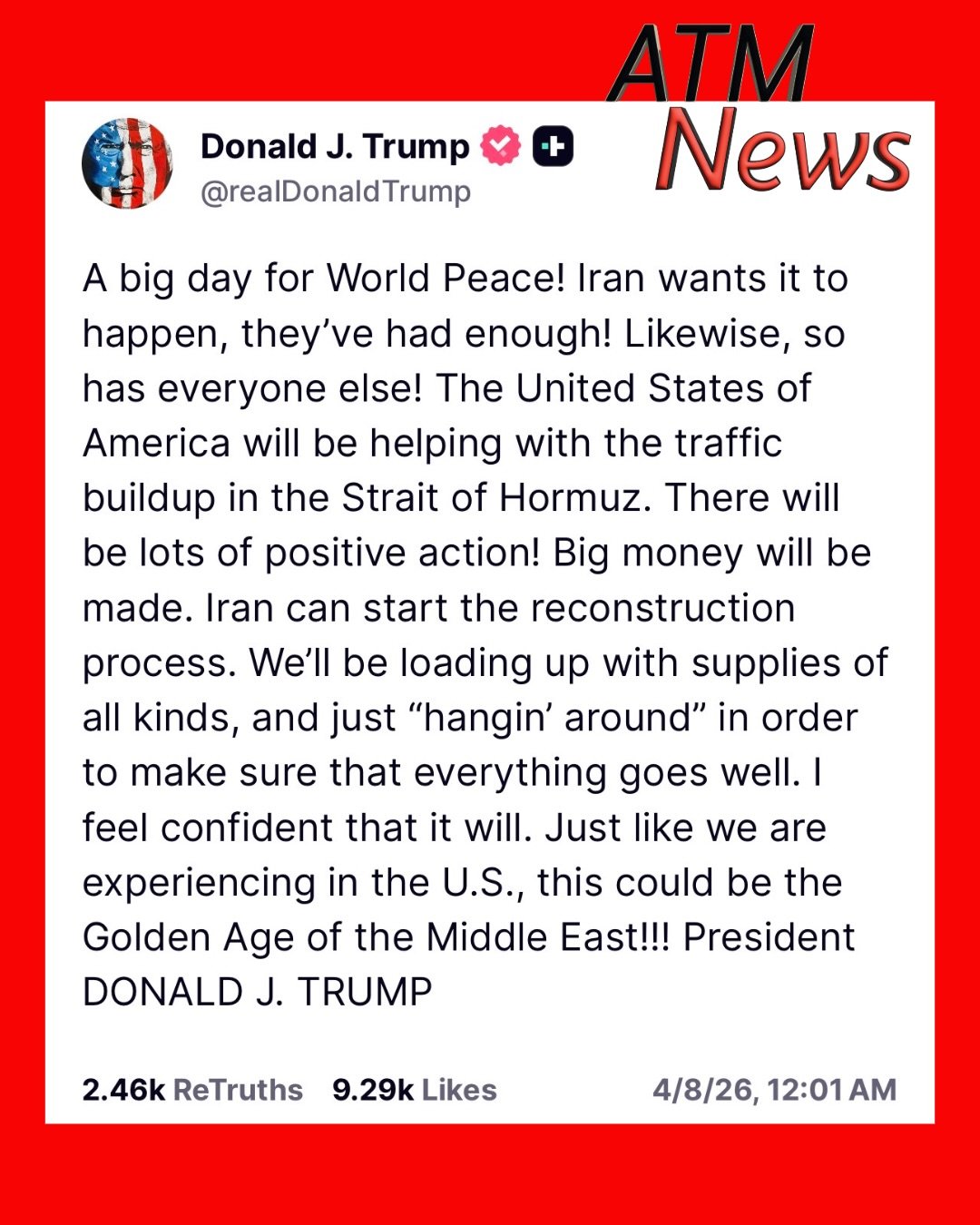 Trump took to Truth Social to say that the United States will help build up traffic in the Strait of Hormuz following the 2-week ceasefire agreement. He also went off on CNN and said that the network would be investigated after it posted a headline and statement insinuating that Trump agreed to Iranian terms.