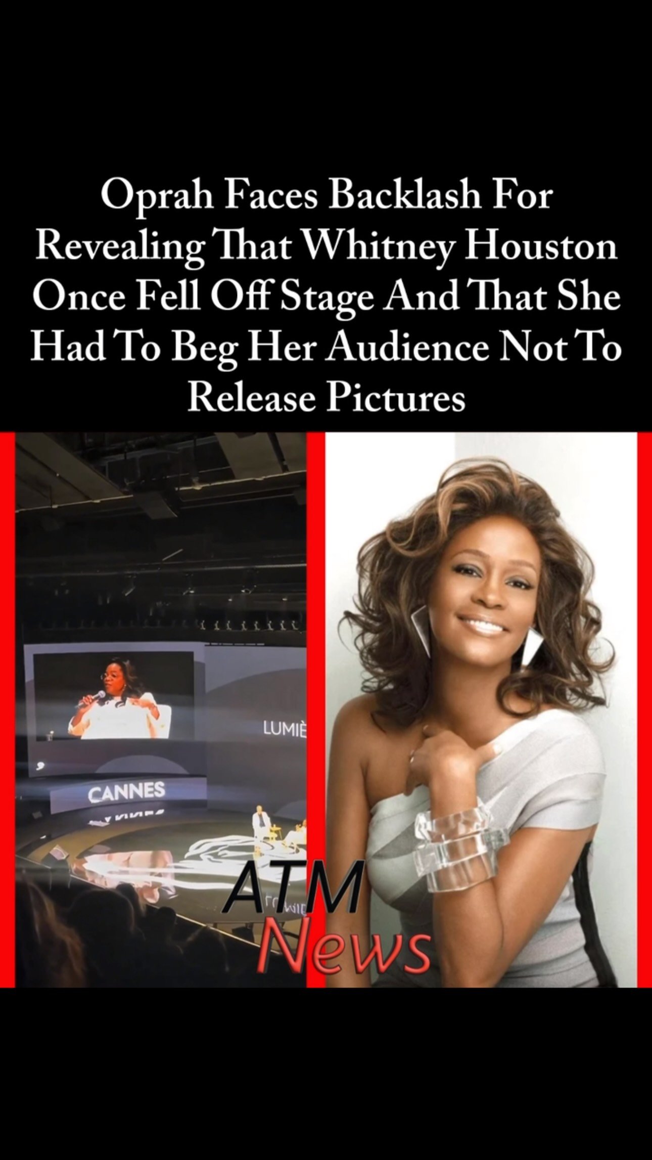 While calling on media personalities and creators to act responsibly and be good human beings, #Oprah shared during her Cannes Lions festival appearance that the iconic #WhitneyHouston was once so high on drugs that she fell off the stage before her scheduled performance on the 'Oprah Winfrey Show' and that she had to beg the audience not to release photos because it would have destroyed Whitney’s life.—Via @variety