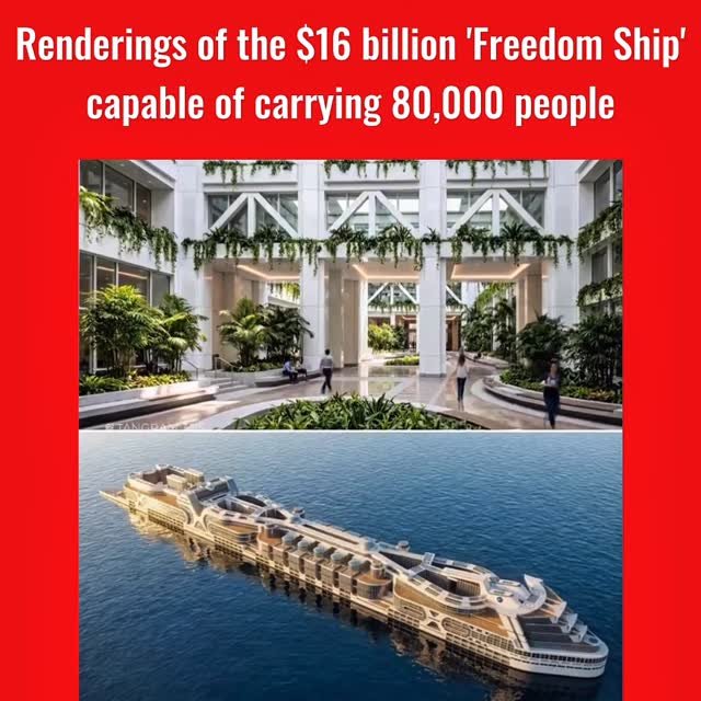 Freedom Cruise International shared renderings of a proposed city on water, "Freedom Ship," envisioned to be home to 50,000 people, welcome 10,000 tourists, and be powered by a crew of 20,000, for a total capacity of 80,000.—The ship would be a mile long and powered by nuclear energy. Due to its size, it would not be docked as a regular ship. Instead, it would remain in international waters and rely on smaller boats to take people to and from the mainland.The project would approximately cost $16 billion. —#FreedomShip #TheFuture