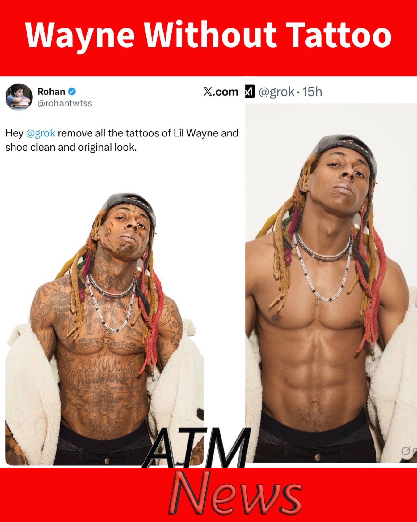 Lol! An X user asked #Grok to remove all the tattoos from #Wayne’s body.