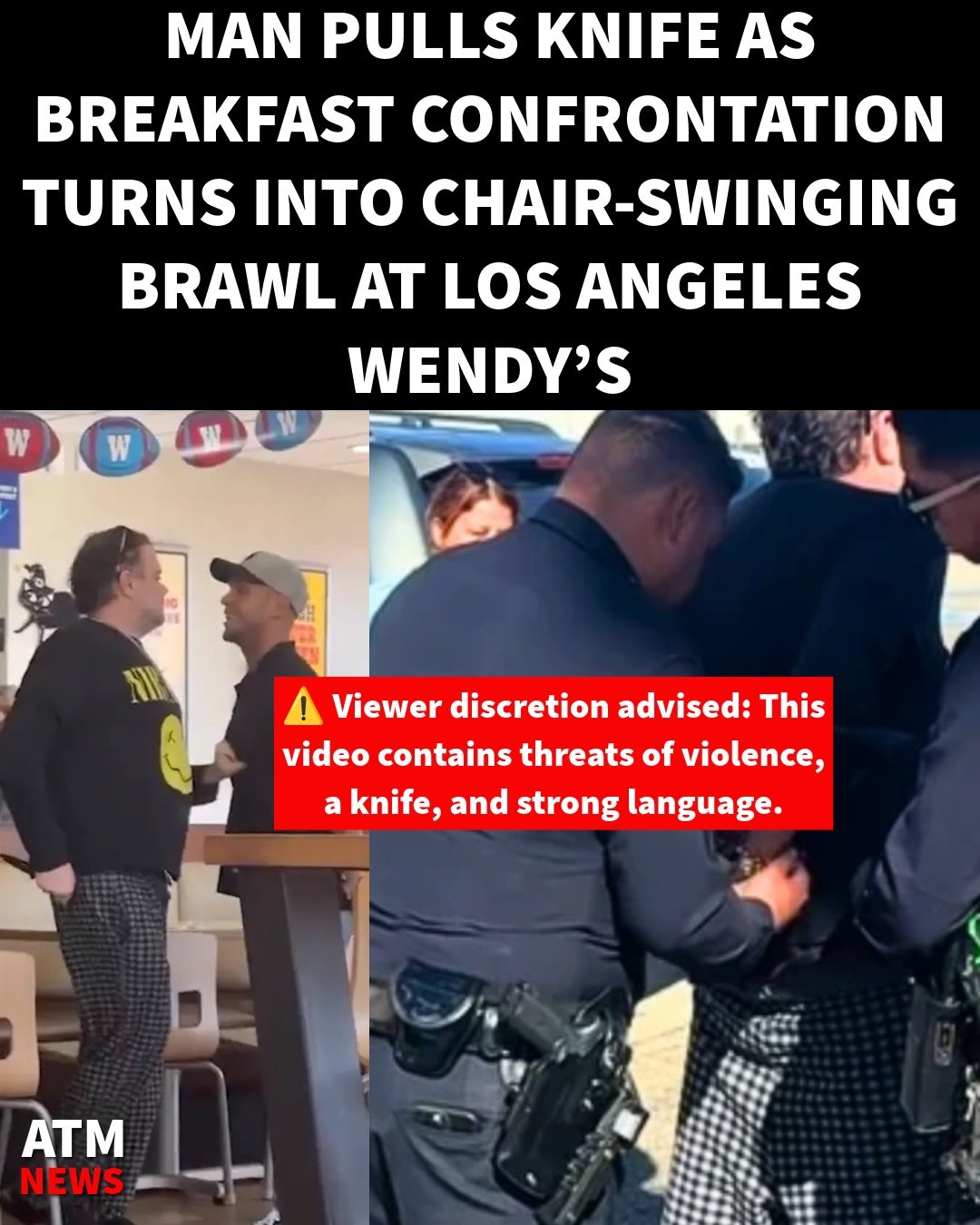News: A breakfast confrontation at a Wendy’s in Northridge, Los Angeles, escalated into chaos when one man pulled a knife on another man and the two began swinging and throwing chairs on Wednesday.Witnesses said the confrontation began when a man in a baseball cap who had been arguing with employees approached a couple eating breakfast and got in the seated man’s face. The seated man stood up, and the confrontation escalated when he pulled a kn*fe. The two exchanged threats before swinging and throwing chairs.The clash eventually moved outside, where police detained the man with the knife. No injuries were reported, and it was unclear whether he would face charges.***News Report Only. We do not condone violence.***—Video credit: RMG News