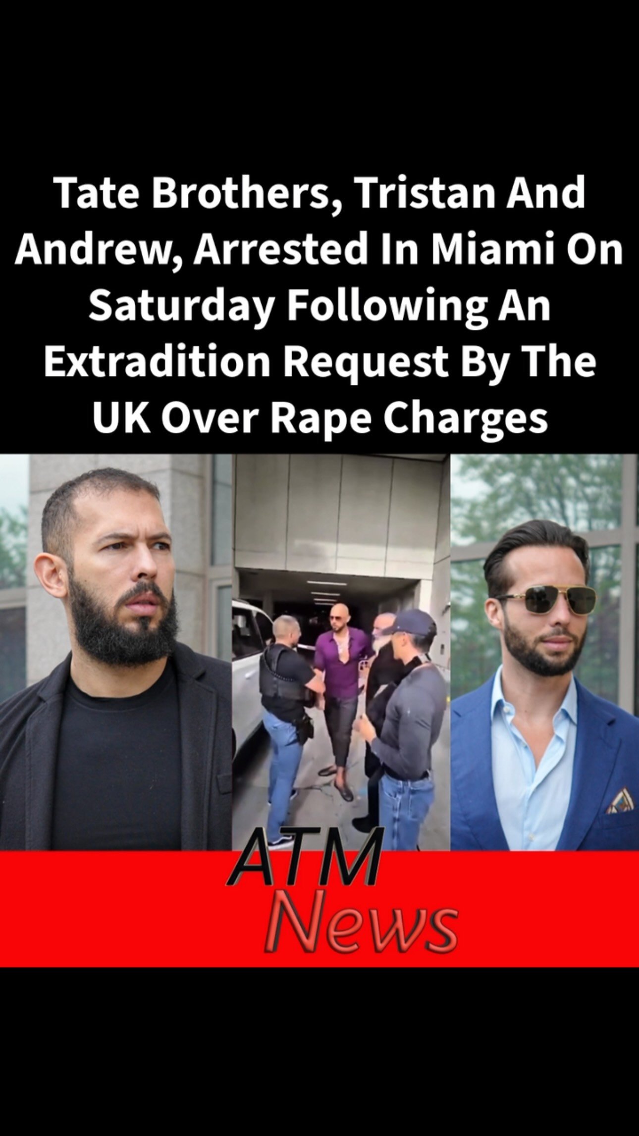 #AndrewTate and his brother #TristanTate were both arrested by US Marshals in #Miami after the UK filed additional charges against them and requested their extradition from the U.S. —Andrew faces 42 charges, including rape, human trafficking, indecent images of a child, and assault, according to UK authorities. Tristan Tate faces 17 charges, including sexual assault, rape, and trafficking. —They will reportedly appear in a federal court in Miami next week.