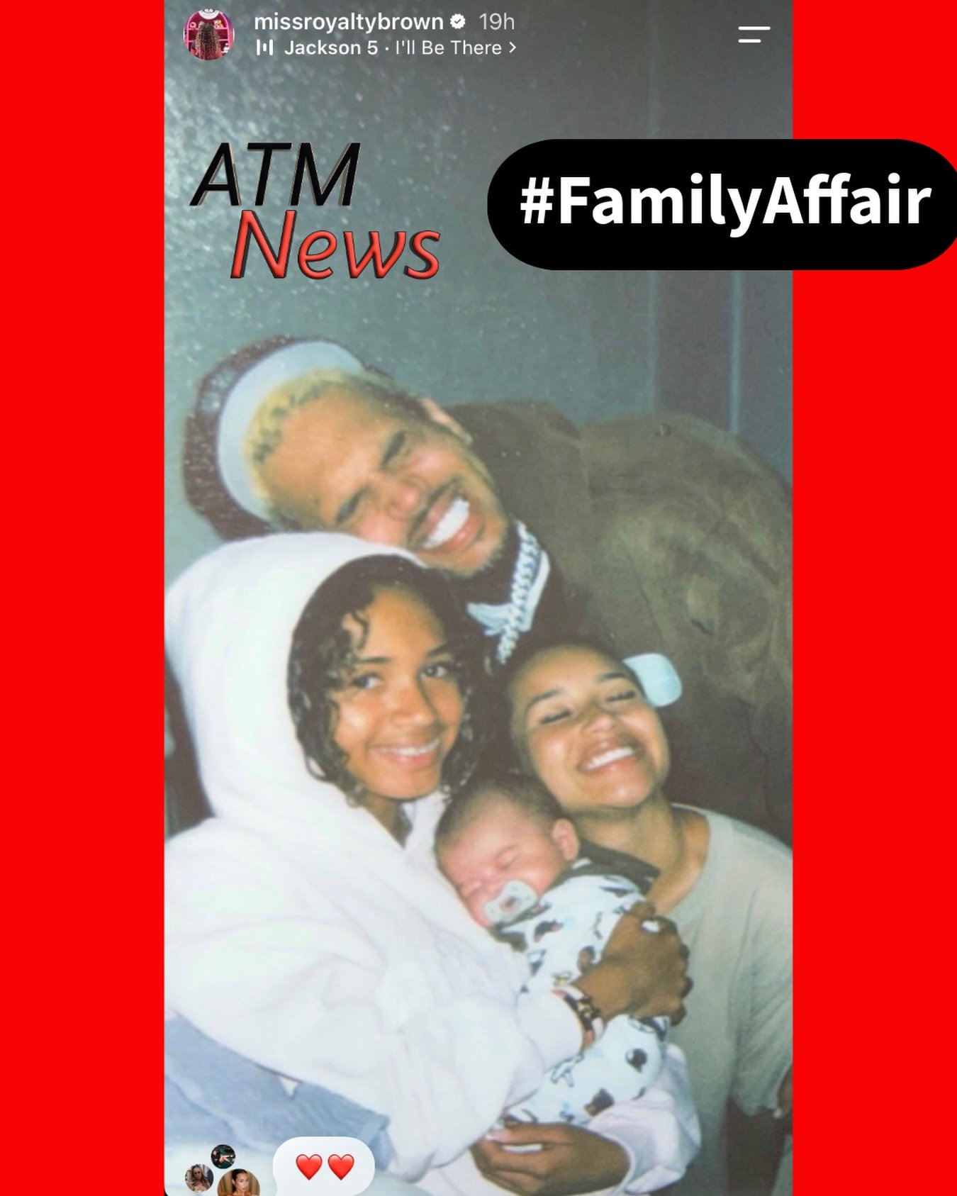 Chris Brown’s oldest daughter, #RoyaltyBrown, shared a beautiful photo of her with her new little #brother, Arrow, his mom, Jada, and their dad, Breezy.