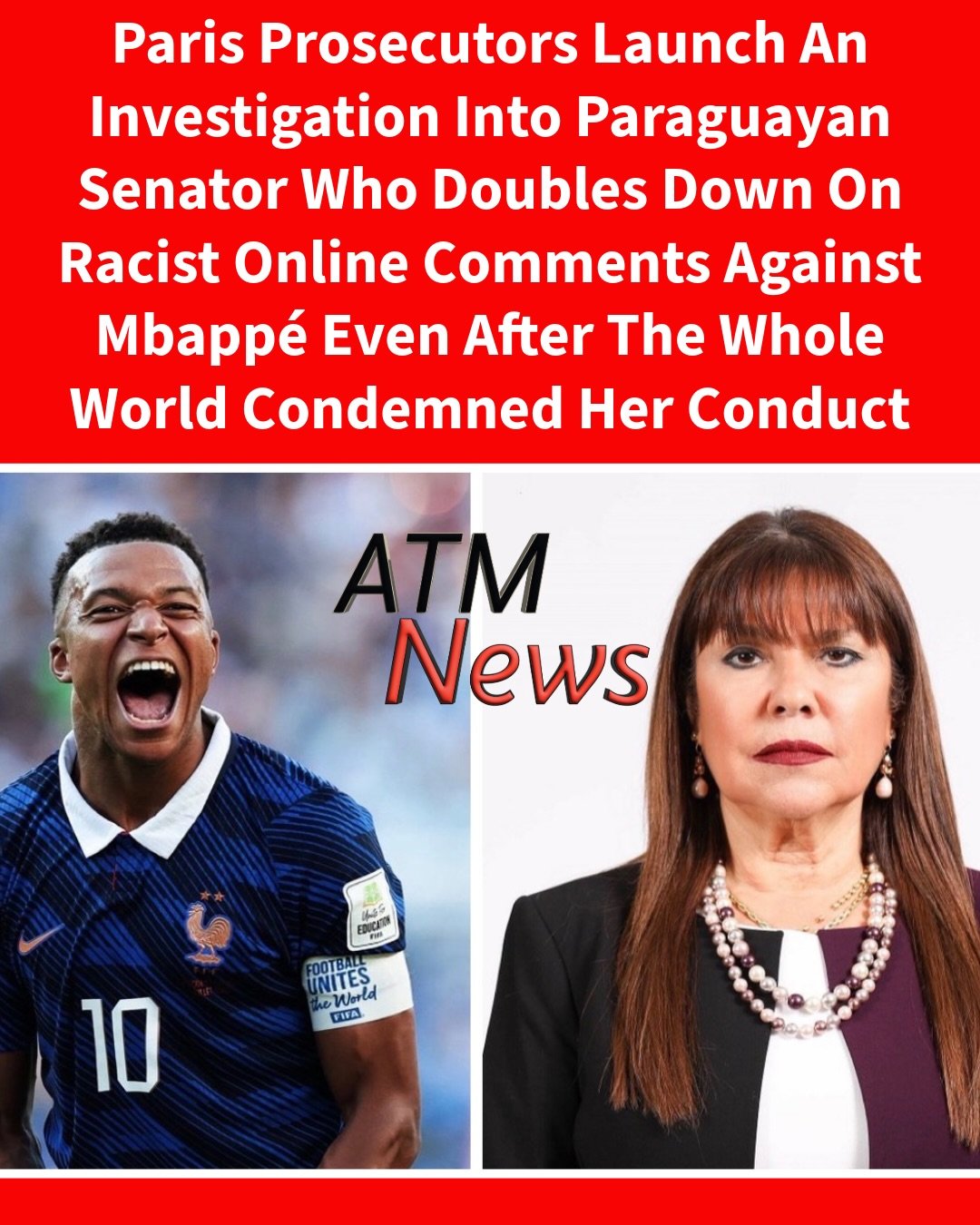 Parisian prosecutors are now considering charges against Paraguayan Senator Celeste Amarilla, who has doubled down on her racist remarks against #Mbappé.—After the footballer responded to her racist tweets, saying she was "a despicable woman," Amarilla released a statement calling his response "gender and political violence" against women. During a press conference today, she recognized that her tweets were racist but said she would not apologize because she is from a generation where racist remarks against Blacks were common. —High-profile institutions, including the #government of #Paraguay and the United Nations, have since issued statements condemning Amarilla’s conduct.