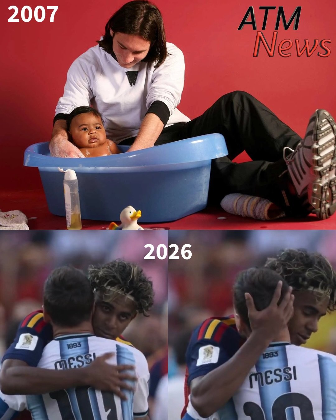 The way life goes!!! #Messi bathed #LamineYamal in 2007; Yamal has now won the World Cup against him. The two shared a special moment after the game.