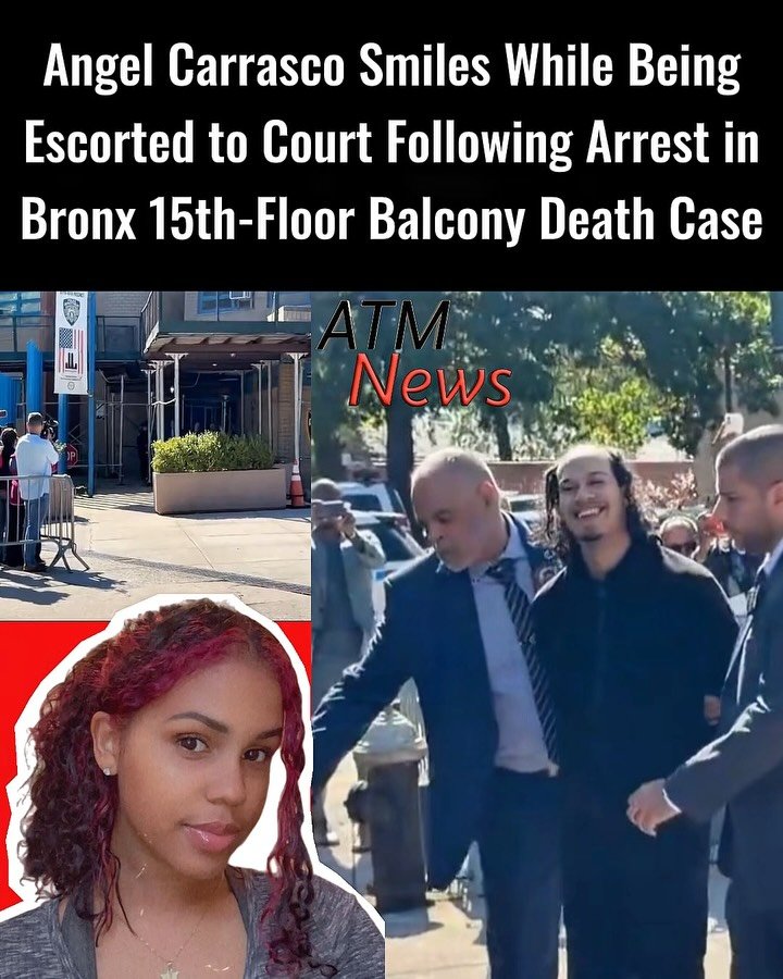 😐 Angel Carrasco, 31, who was arrested late last night for allegedly pushing 23-year-old Nathaly Ramirez and their 8-month-old daughter from a 15th-floor Bronx balcony, smiled while being escorted from a police station on Thursday, October 8.