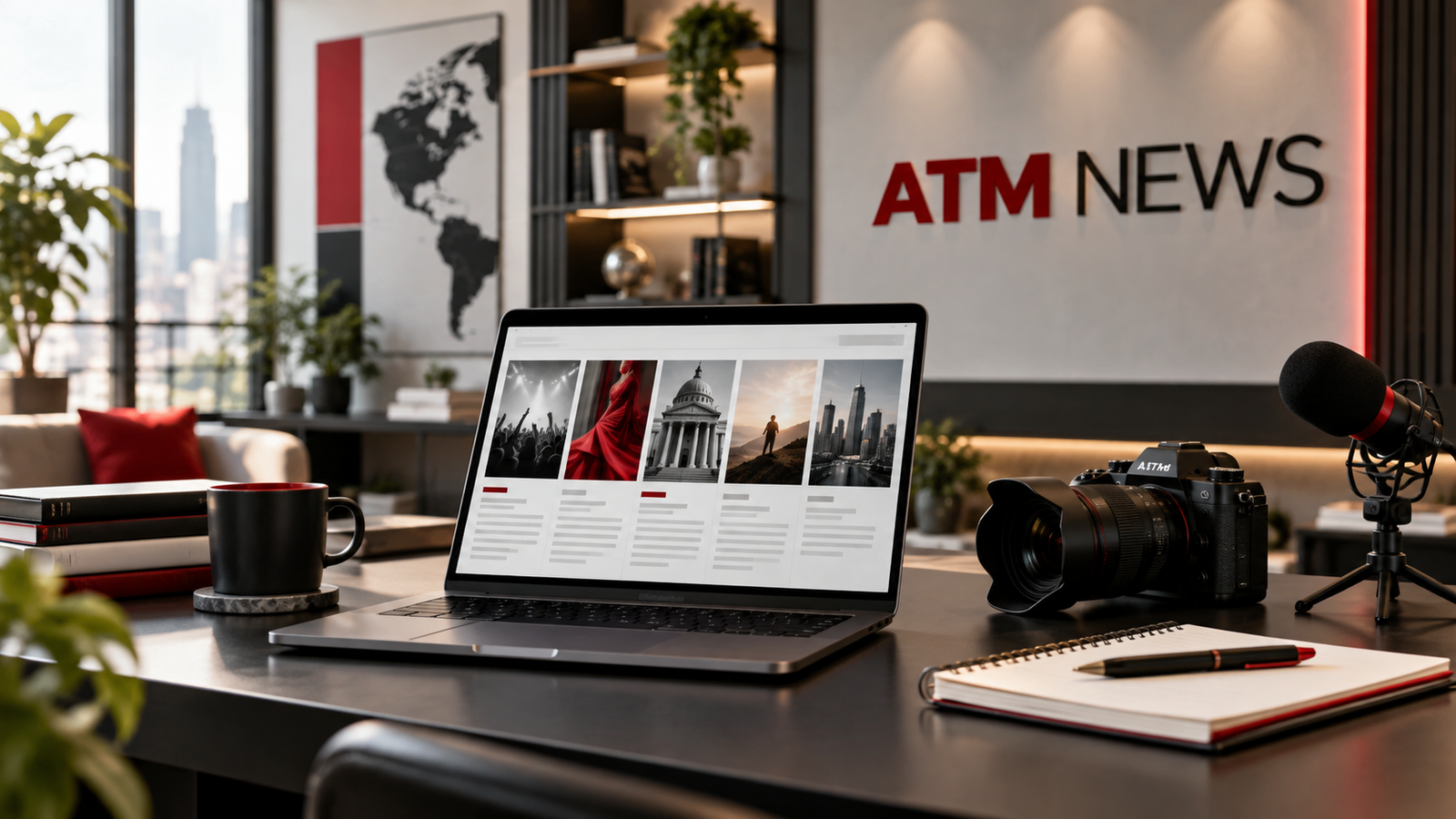 Illustration of an ATM News workspace with a laptop, camera, and microphone.